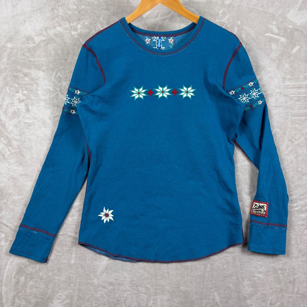 Alp n Rock Womens S Blue Edelweiss Embroidered Long Sleeve Sweatshirt Apres Ski